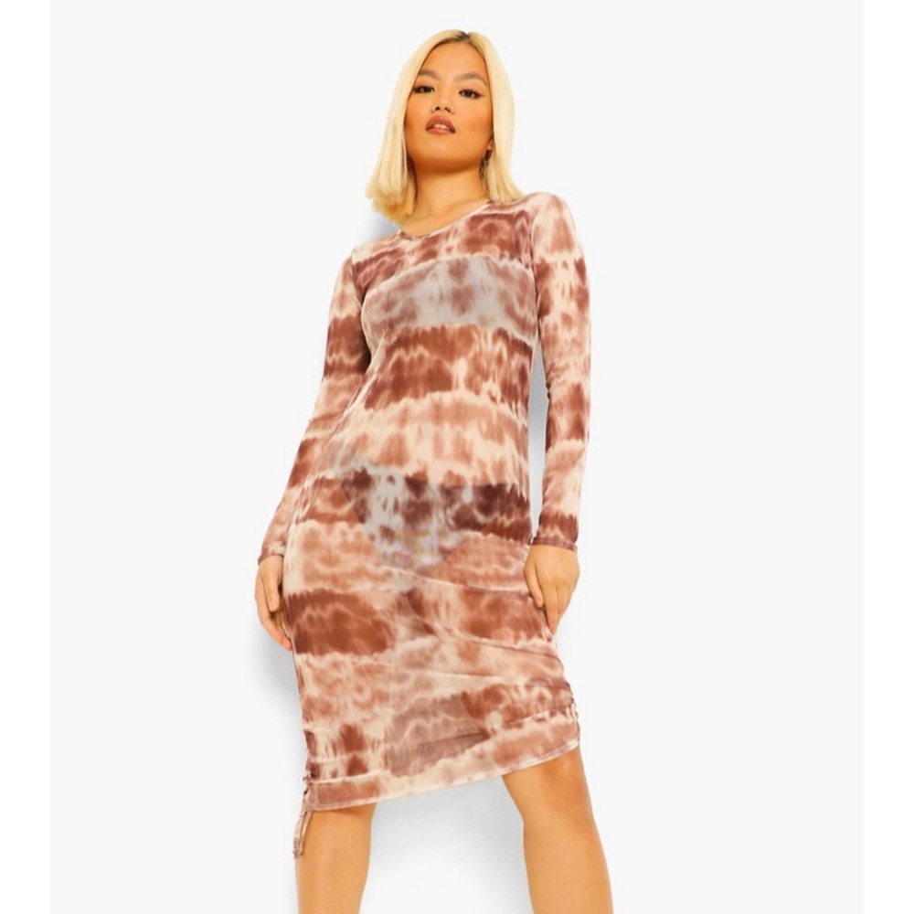 Boohoo Petite Tie Dye Mesh Ruched Bodycon Dress